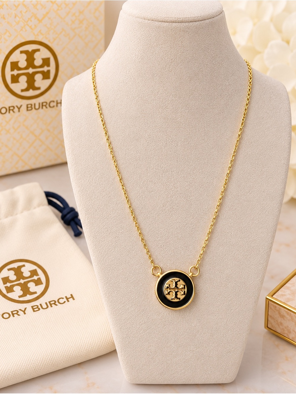 Tory Burch Gold and Black Logo Pendant Necklace